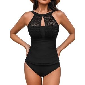 Cupshe Black High Neck Crochet Lace Tankini Set Two Piece Swimsuit size L